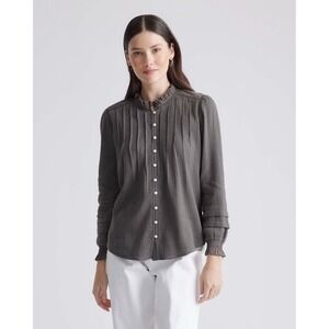 Women's Quince Organic Textured Cotton Peasant Blouse In Charcoal Sz L Cottage